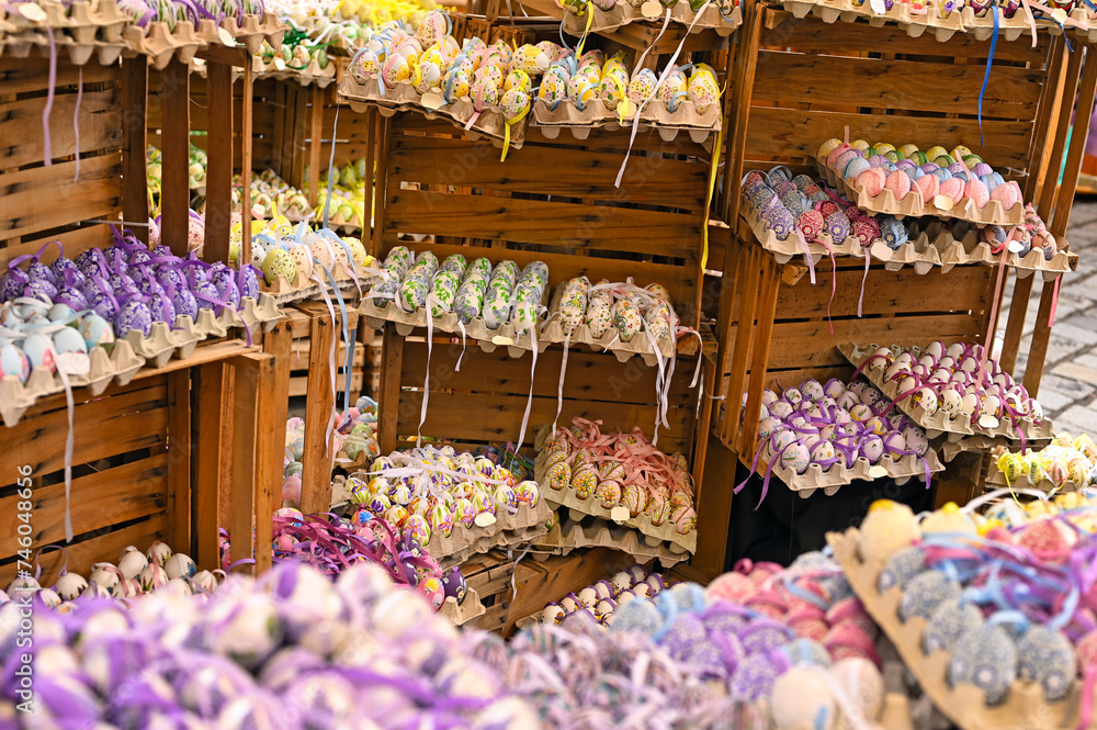 Easter market with colorful and painted easter eggs in Vienna Austria