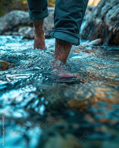 Close-up of a man's legs in the water of a mountain river. A close-up of a person's feet wading through a crystal-clear mountain stream, highlighting the refreshing embrace of nature. 