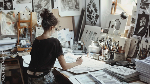 A blogger sharing behind-the-scenes glimpses of their creative process, surrounded by art supplies and sketches