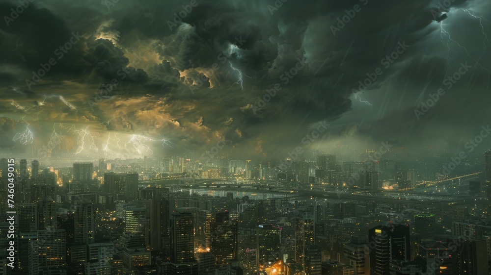 Stormy cityscape with lightning and dark skies - A foreboding cityscape with intense lightning and dark, tumultuous clouds portending a severe storm