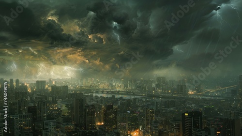Stormy cityscape with lightning and dark skies - A foreboding cityscape with intense lightning and dark  tumultuous clouds portending a severe storm