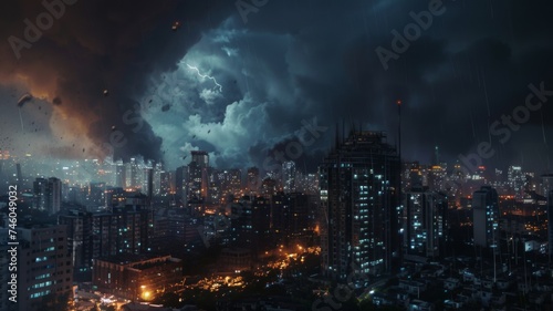 Stormy night over a city with lightning - A dramatic view of a cityscape during a thunderstorm, showcasing buildings under dark, stormy skies with lightning strikes