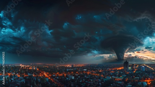 Dramatic tornado over illuminated city at dusk - A massive tornado descends upon a city as dusk turns to night, highlighting the contrast between nature's fury and urban lights