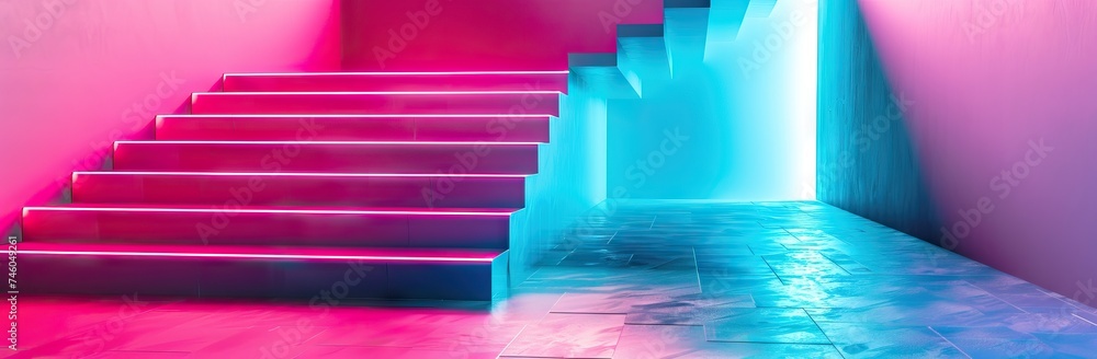 Stairs in the building in modern neon magenta lighting. AI generated illustration Stairs in the building in modern neon magenta lighting. AI generated illustration