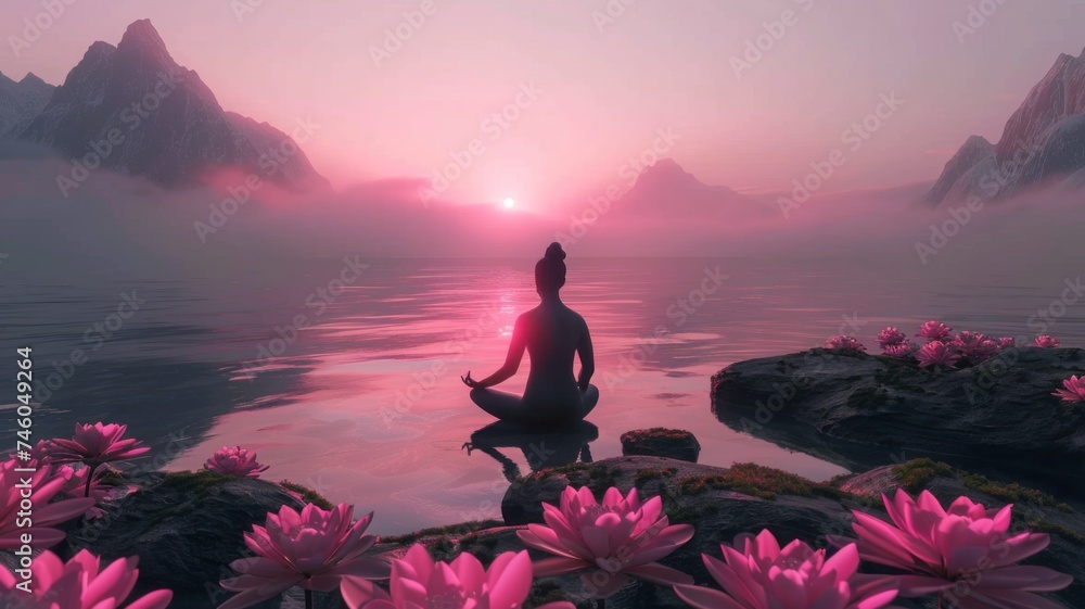 Meditative figure in pink lotus position at sunset - Monochrome silhouette of a person meditating in the lotus position among pink lotus flowers on calm water at sunset
