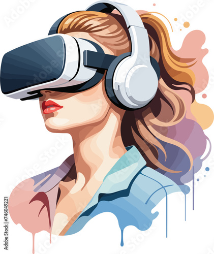 Isolated woman wearing Virtual Reality VR headset illustration on transparent background svg, painting styled smart device, VR clipart of futuristic technology, resolute woman