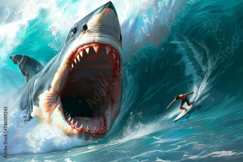 Surfer escaping a giant shark's jaws - An intense moment where a surfer narrowly dodges the massive open jaws of a great white shark photo