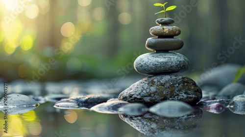 Zen rock formation in tranquil water with sunlight - A balanced stack of smooth stones with a green sprout on top  reflecting in calm waters in a forest setting