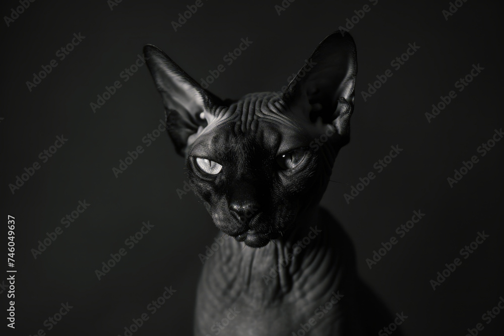 Bald Sphynx cat with wrinkled skin. Portrait of hairless pet