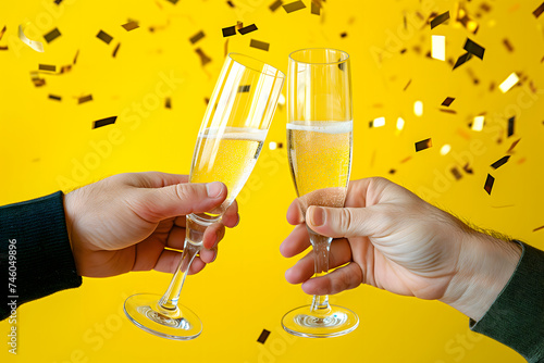 two hands clinking champagne glasses against vibrant yellow background with gold confetti