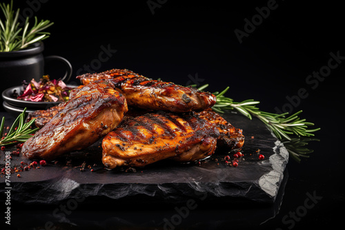 Grilled chicken wings on a black plate with red hot peppers and cherry tomatoes on a black background. Image for Cafe and Restaurant Menus