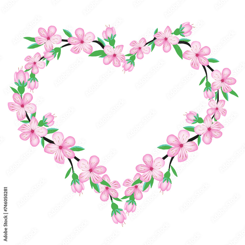 Sakura pink cherry blossom flower branch hearts wreath, isolate on white background for wedding card, invite, fabric design, scrapbook, origami. Vector japan style spring background.