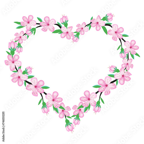 Sakura pink cherry blossom flower branch hearts wreath, isolate on white background for wedding card, invite, fabric design, scrapbook, origami. Vector japan style spring background.