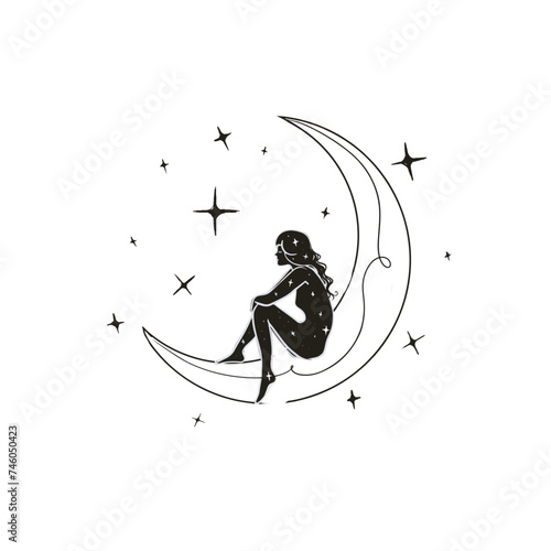 Beautiful woman sitting on the moon, symbol of feminine freedom
