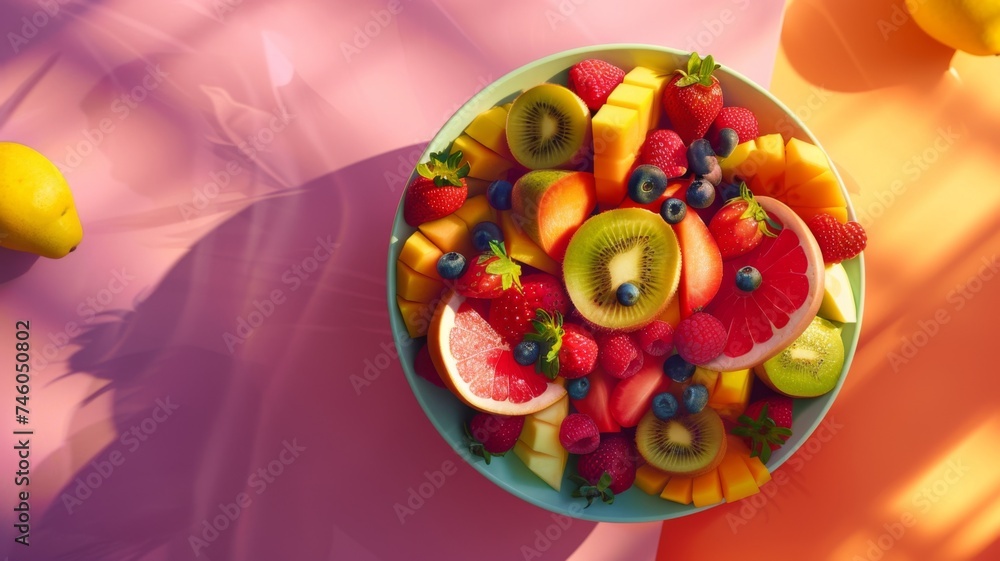 Fruit salad bowl with a colorful background - Close-up view of a fresh, vibrant fruit salad highlighted by warm sunlight on a vivid background