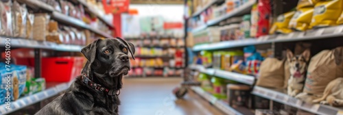 Black dog waiting in a pet food aisle - An attentive black dog with a red collar looking for its owner in the colorful pet food aisle of a supermarket photo