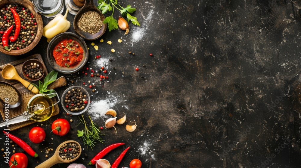 Colorful spices and ingredients layout - Variety of spices and herbs spread on dark background, concept for cooking and flavor