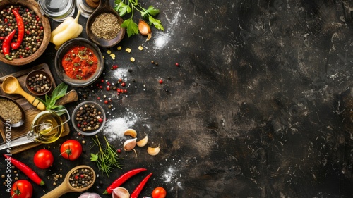 Colorful spices and ingredients layout - Variety of spices and herbs spread on dark background, concept for cooking and flavor