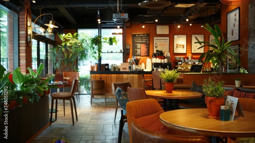 Cozy and inviting coffee shop interior with greenery - A warm and welcoming coffee shop setting with wood accents, plants, and a casual urban atmosphere suitable for relaxation or a casual meeting
