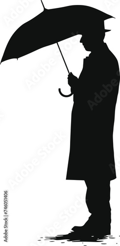 Silhouette man with umbrella during drizzle black color only