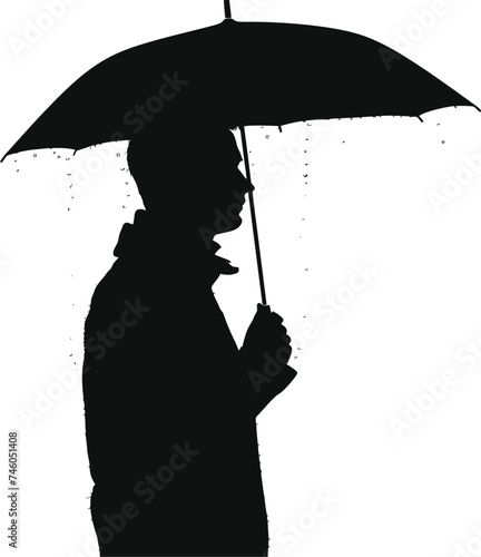 Silhouette man with umbrella during drizzle black color only