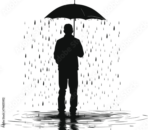 Silhouette man with umbrella during drizzle black color only