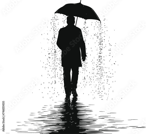 Silhouette man with umbrella during drizzle black color only