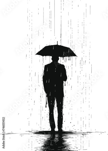 Silhouette man with umbrella during drizzle black color only