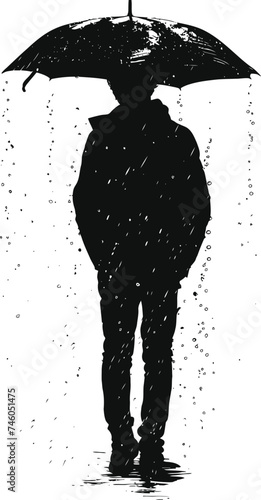 Silhouette man with umbrella during drizzle black color only