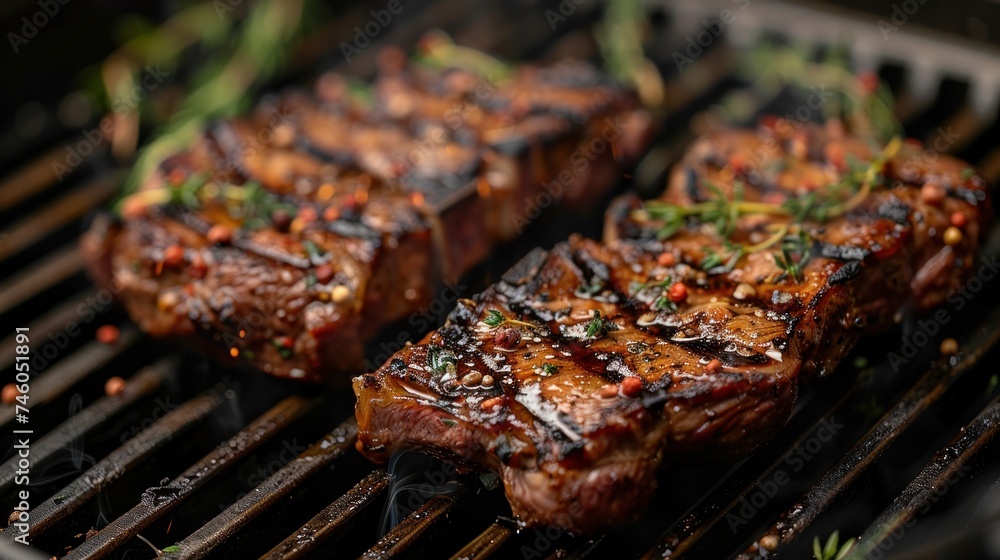Sizzling Delight: Juicy Grilled Steaks Garnished with Fresh Herbs