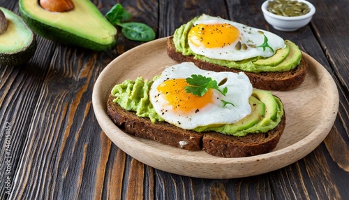 Delicious avocado toasts with rye bread, avocado puree, and fried eggs. Healthy and tasty vegan food. Flat lay