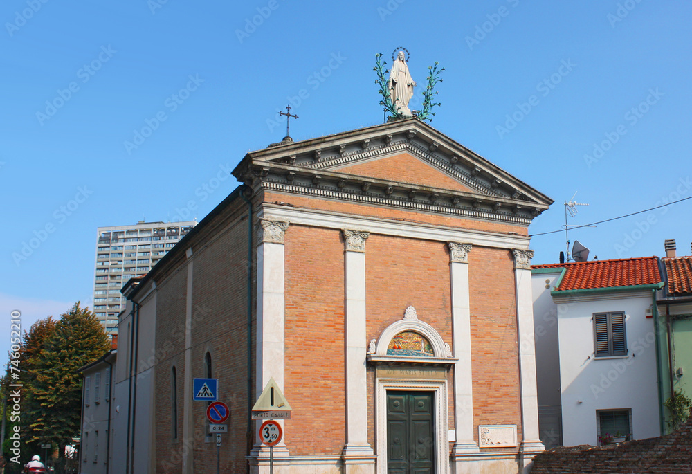 Old church in downtown near San Giuliano district in Rimini, Italy