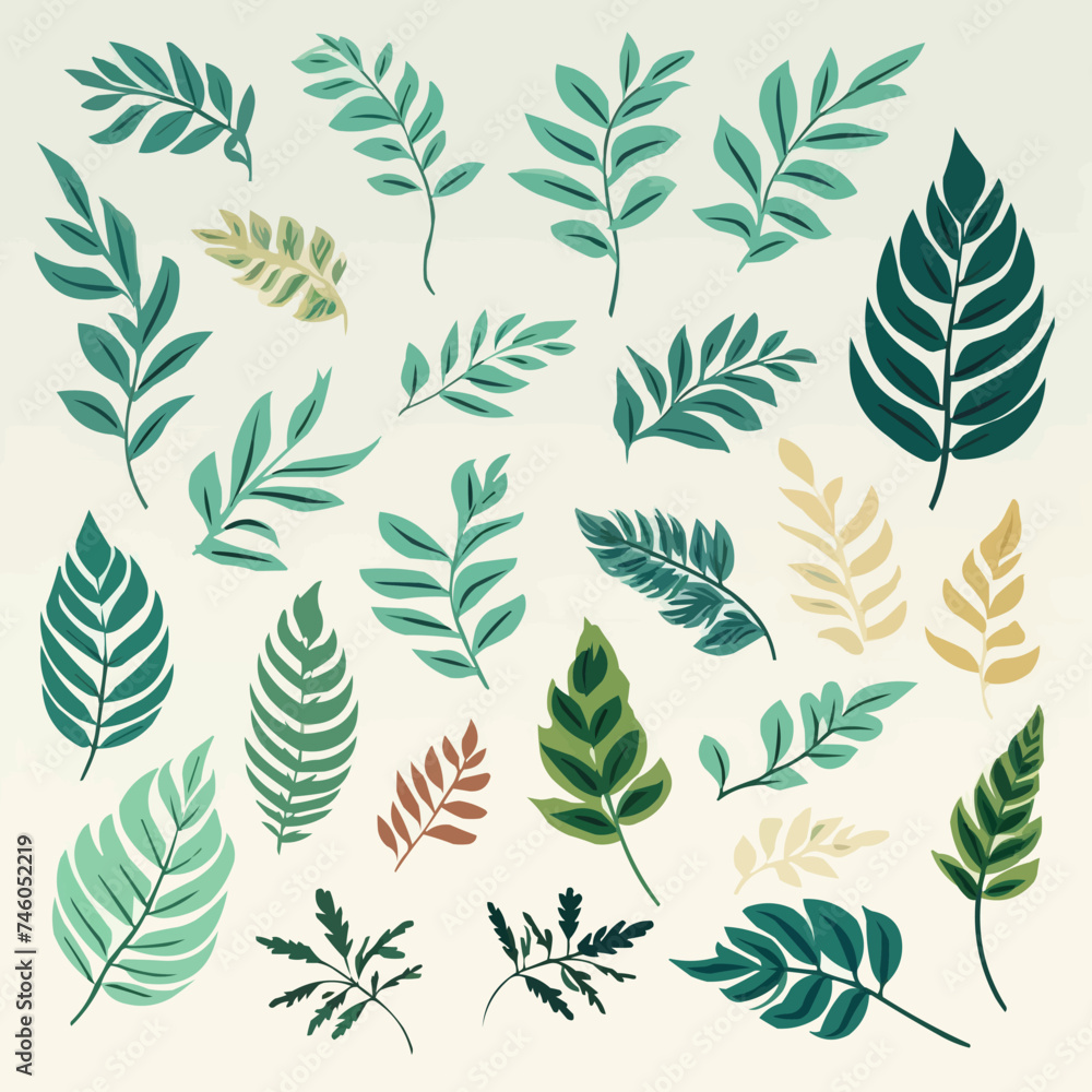 Set of tropical branches and leaves plants on free shape element isolated on background. Vector illustration Set of tropical branches and leaves plants on free shape element isolated on background. Vector illustration