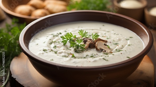 Appetizing mushroom soup on blurred white kitchen background with space for text
