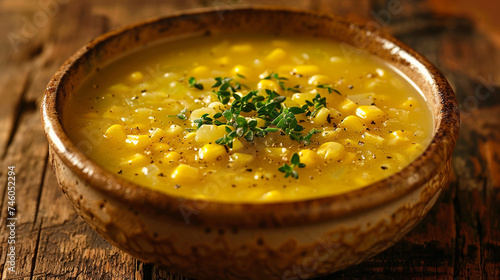 corn soup in bowl with croutons © Vahagn