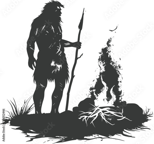 Silhouette ancient caveman in front bonfire black color only