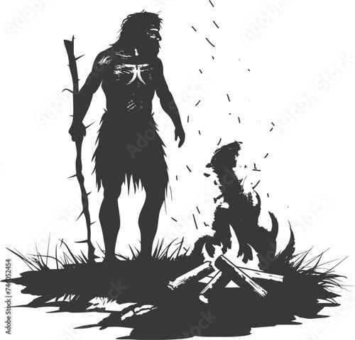 Silhouette ancient caveman in front bonfire black color only