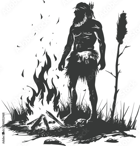 Silhouette ancient caveman in front bonfire black color only