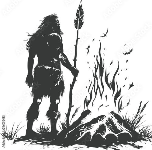 Silhouette ancient caveman in front bonfire black color only