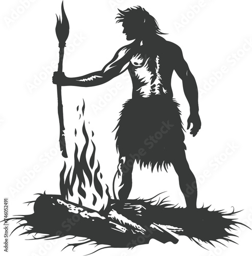 Silhouette ancient caveman in front bonfire black color only