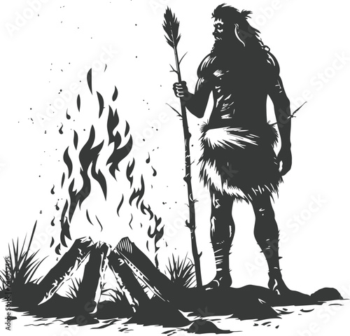 Silhouette ancient caveman in front bonfire black color only