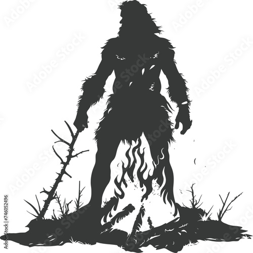 Silhouette ancient caveman in front bonfire black color only