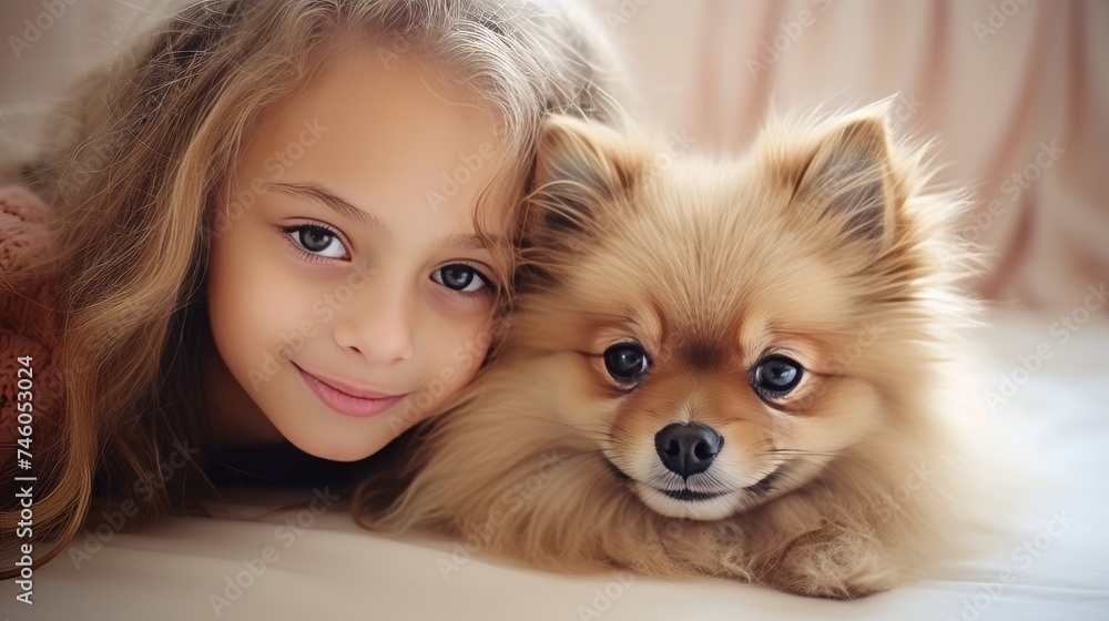 Child girl cuddling beloved family pet pomeranian spitz dog with copy space for text Child girl cuddling beloved family pet pomeranian spitz dog with copy space for text