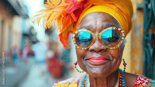 A very happy elderly black woman on a bright street in a southern city, dressed in a bright colorful costume in the style of the 60s