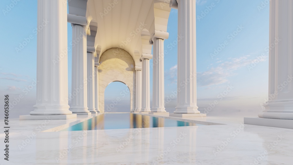 Classic interior with swimming pool and columns 3d render