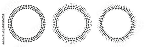 Halftone circle dots effect rings frame vector graphic design illustration set, round dotted pattern logo element black white background image, half tone retro vintage sunburst texture for copy space