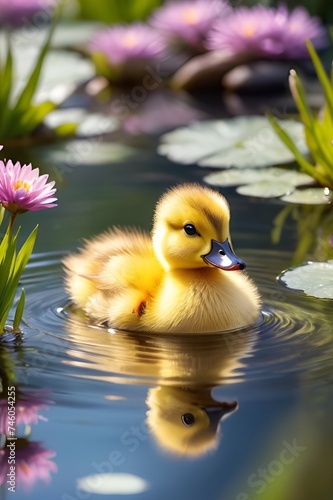 Closeup of Adorable Baby Duck with Glittered Backdrop, Cute baby duck in the pond, cute baby animals for kid's room decoration, Kid's wall art, Cute beautiful baby birds, Perfect for Kid's Decorations