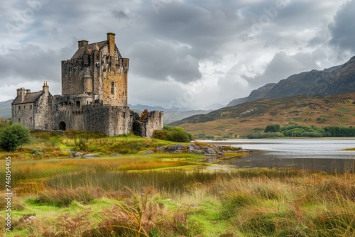 Historic castle standing beside a serene lake - A majestic, ancient castle with rugged beauty sits by a lake's edge, exuding history and grandeur amidst natural landscape