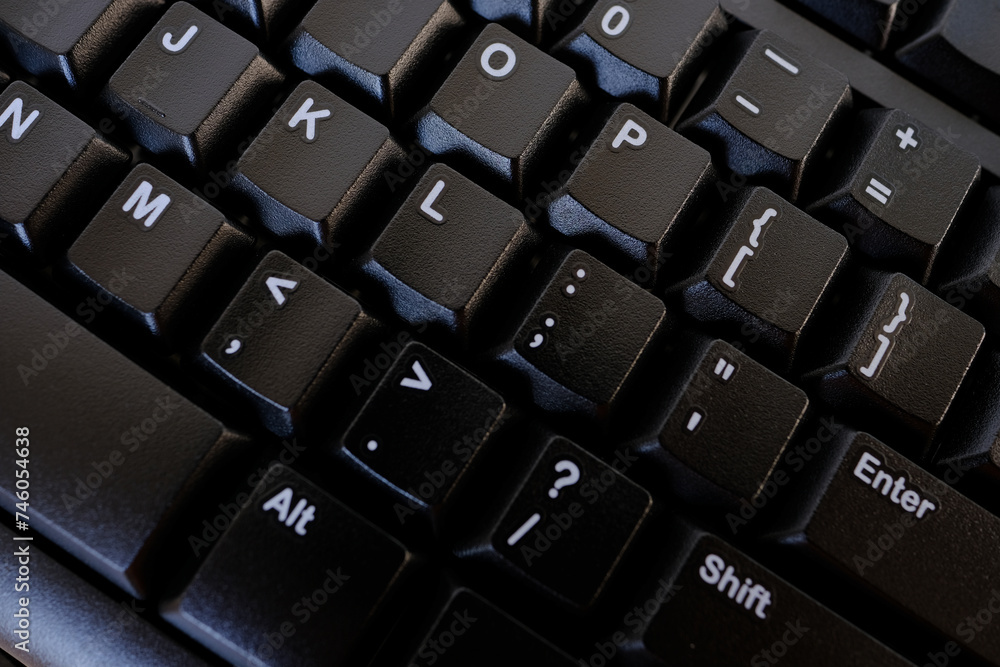 close-up black keyboard, office environment, computer peripherals, computer technologies and the IT industry, online learning, digital work routine, blogging and social media close-up black keyboard, office environment, computer peripherals, computer technologies and the IT industry, online learning, digital work routine, blogging and social media