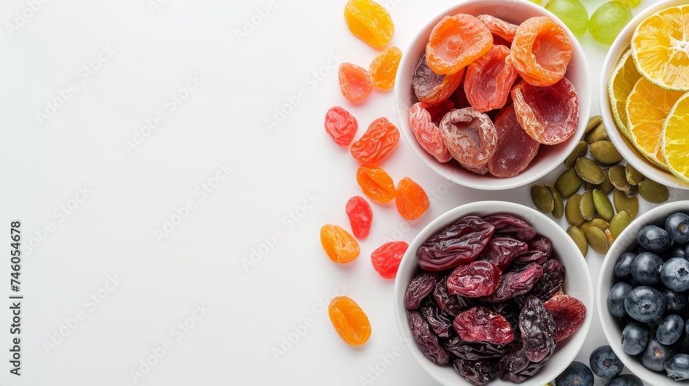 Snack healthy fruits dried vitamin food, top view white background Snack healthy fruits dried vitamin food, top view white background